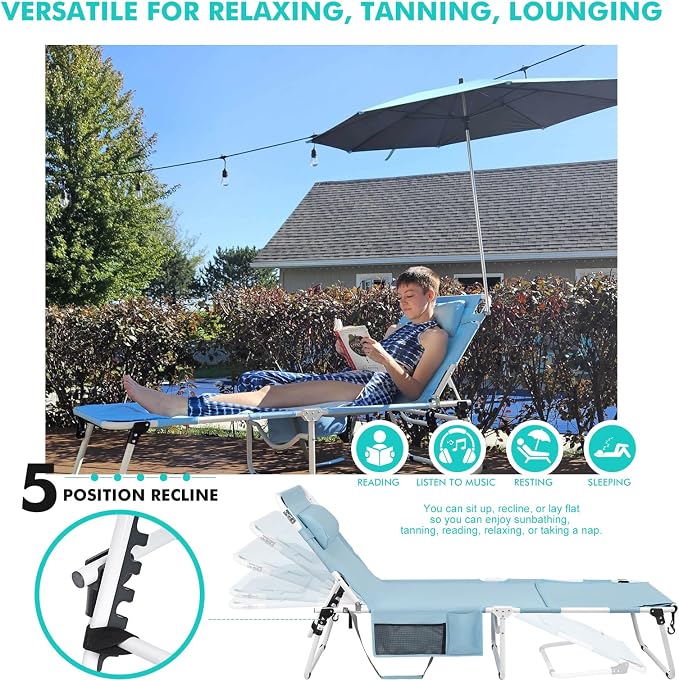 Tanning Chair with Umbrella UPF 50+ Adjustable, Heavy Duty Folding Chaise - Image 3