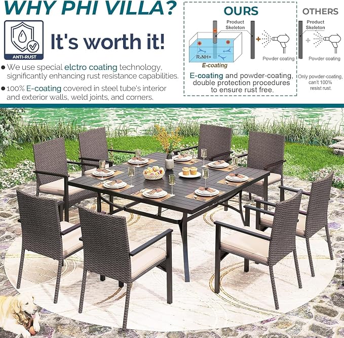 PHI VILLA 9 Pieces Square Outdoor Dining Table Set - Image 8