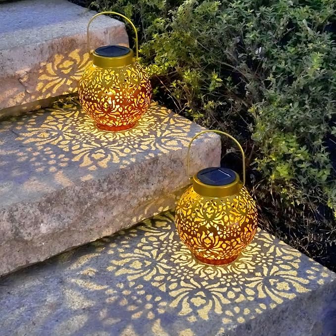 2 Pack Outdoor Solar Hanging Lantern Lights Metal LED Decorative Lamp - Image 6