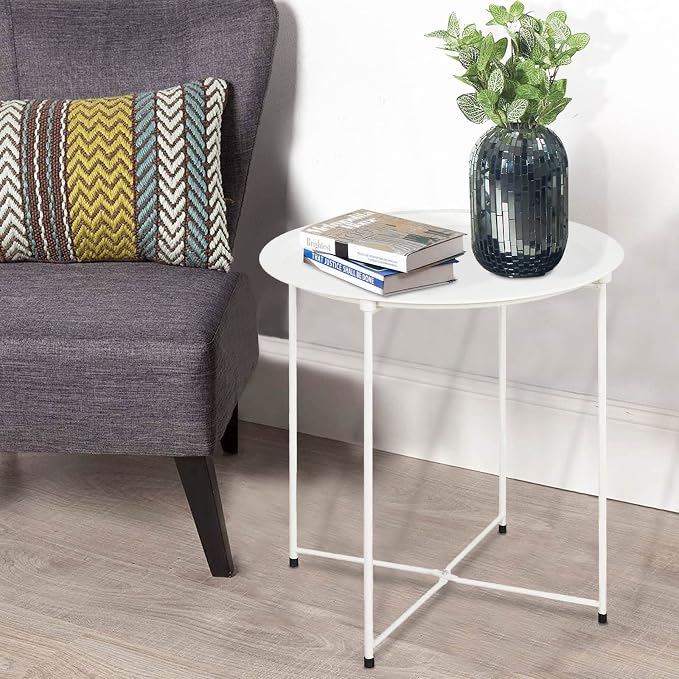Garden 4 you End Table Metal Side Table White Round Folding Tray Cyan Sofa - Image 2