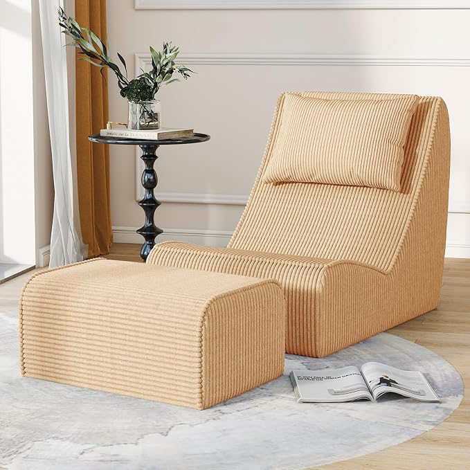Giant Bean Bag Chair for Adults, Corduroy Chaise Lounge by SnugSofeeFoamSofa