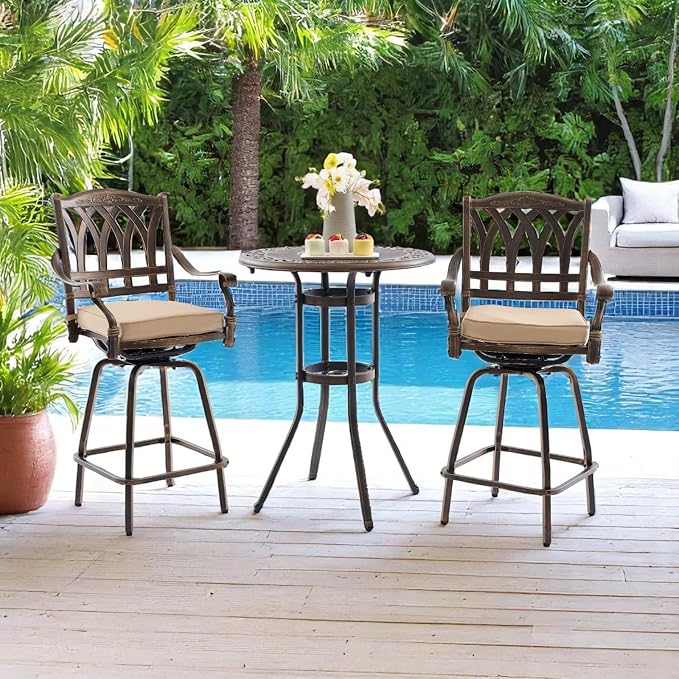 3 Piece Swivel Outdoor Table and Chairs Bar Set, All-Weather Cast Aluminum - Image 2