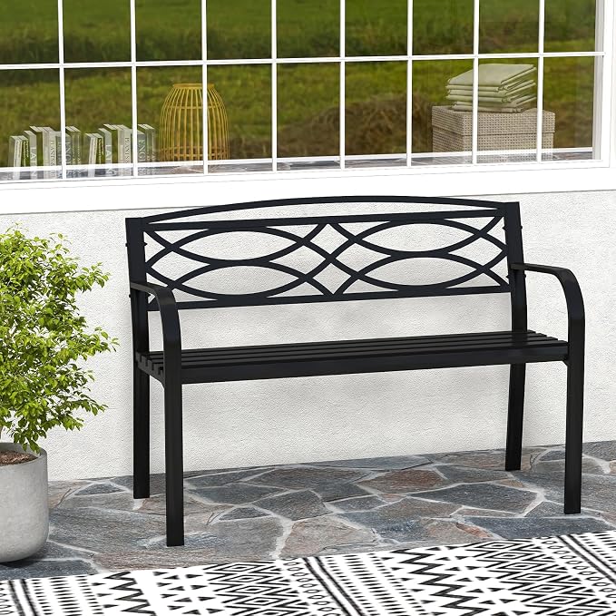 Tangkula Outdoor Metal Garden Park Bench, Heavy-Duty Metal Slatted Loveseat - Image 2