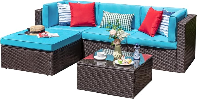 Vongrasig 5 Piece Furniture Sets, All-Weather Brown PE Wicker Outdoor Couch - Image 8