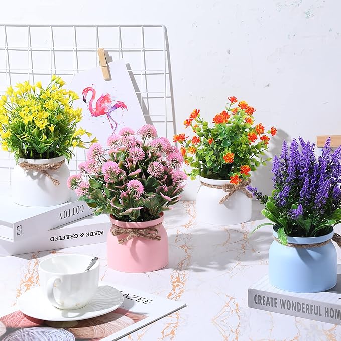 Cindeer 8 Pcs Large Artificial Potted Flowers Fake Potted Plants Plastic Faux - Image 3