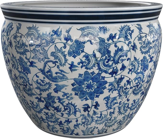 Red Lantern 16" Floral Blue & White Porcelain Fishbowl Planter by RedLantern