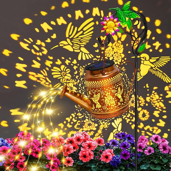 2 Packs Solar Watering Can Lights Hummingbird Garden Decor, Hanging Lanterns - Image 3