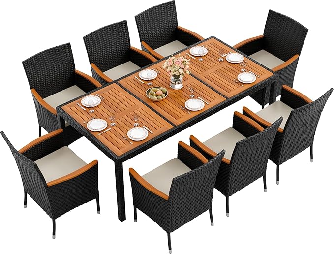 Flamaker 9 Piece Patio Dining Set Outdoor Acacia Wood Table and Chairs by Flamaker