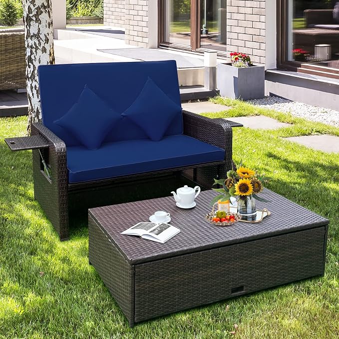 LDAILY Moccha Outdoor Daybed, Wicker Loveseat Sofa Set - Image 3