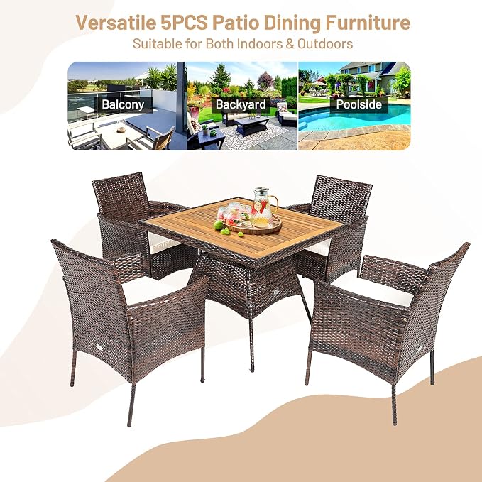 Tangkula 5 Pieces Wicker Patio Dining Set, Outdoor Acacia Wood Dining Furniture - Image 8
