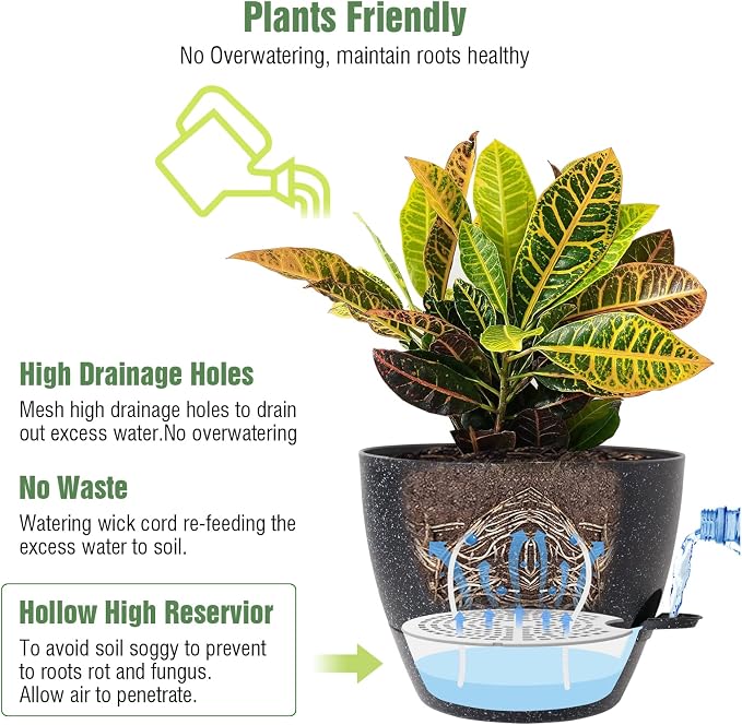 Large Self Watering Pots, 12/10/9 Plastic Planters - Image 3
