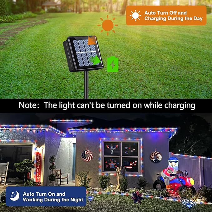 QITONG Red White Blue Solar Rope Lights, 2 Pack Each 33ft 100 LED 4th of July - Image 4