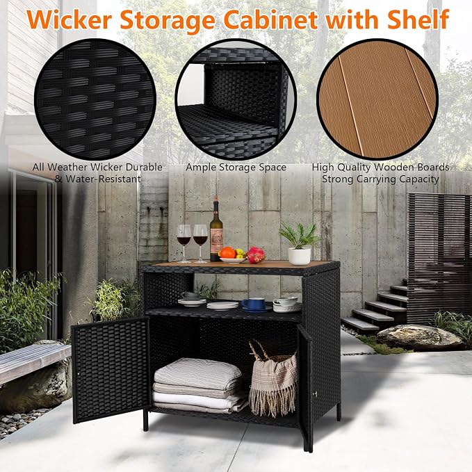 IDEALHOUSE Patio Outdoor Wicker Storage Cabinet，Patio Bar Table - Image 3