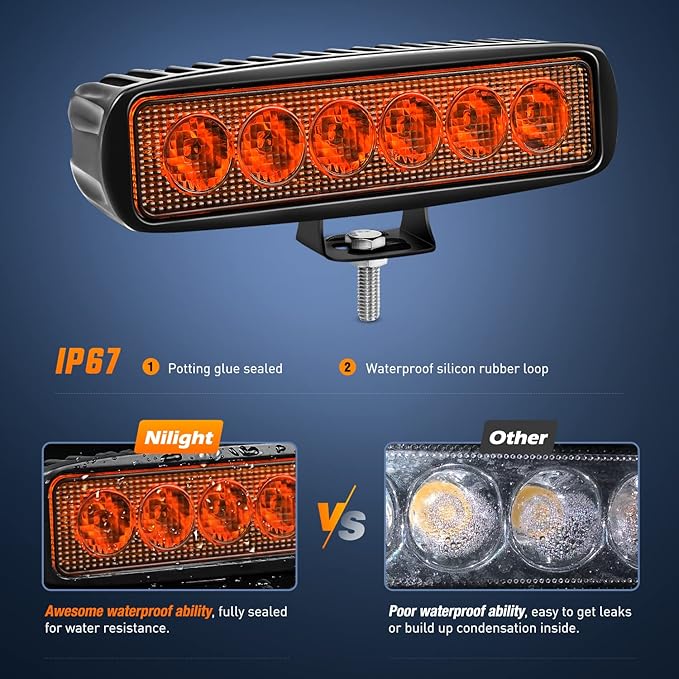 Nilight 6 inch Amber LED Light Bar 2PCS 18W Spot Driving Fog Single Row Off - Image 5