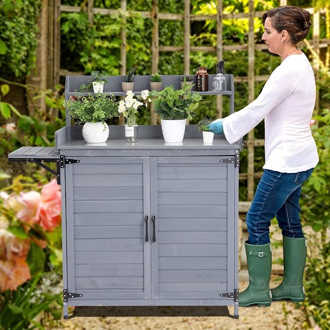 GarveeLife Outdoor Potting Bench Table, Outdoor Garden Wooden Potting Bench - Image 7