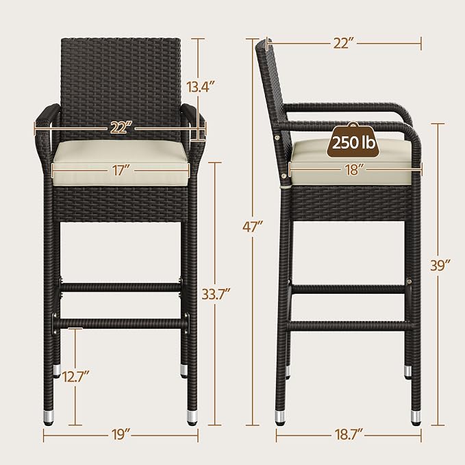 Yaheetech Outdoor Bar Stools Set of 2, Patio Wicker Chairs - Image 3