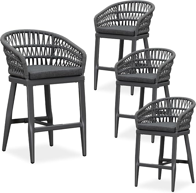 PURPLE LEAF Outdoor Rattan 24" Counter Height Bar Stools Set of 4, Aluminum Bar by PURPLELEAF