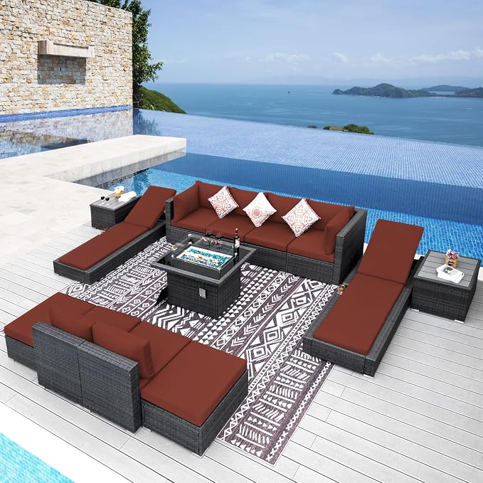 NICESOUL 13 Piece Patio Sectional w/Fire Pit, Modular Wicker Outdoor Couch by NICESOUL