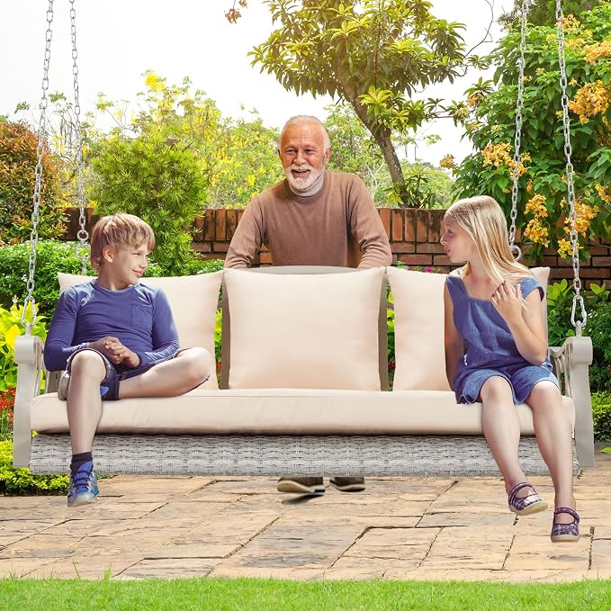 3-Person Wicker Porch Swing Chair Heavy Duty 900 LBS Outdoor Rattan Patio Swing - Image 7