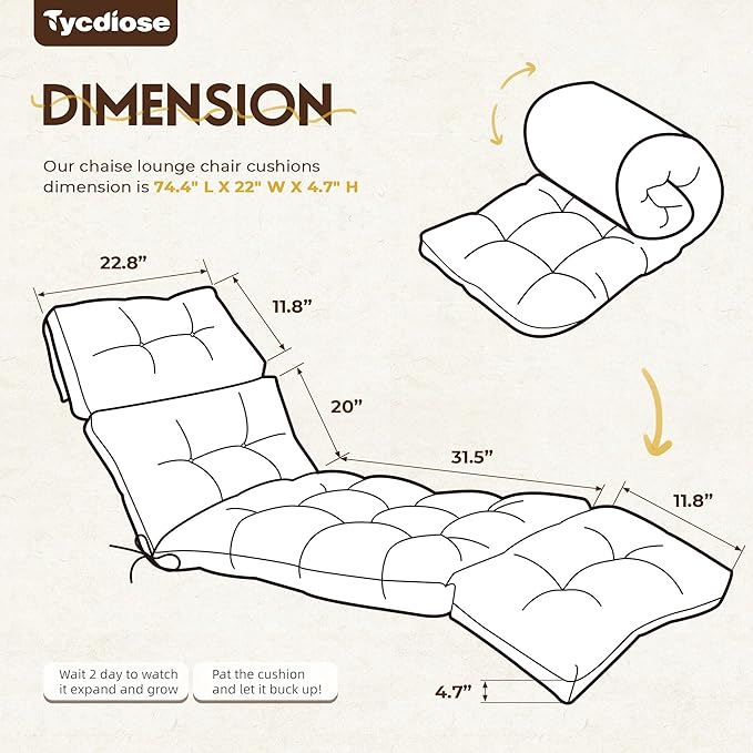Outdoor Chaise Lounge Chair Cushion Waterproof 74.4 x 22 x 4.7 Inches Memory - Image 3