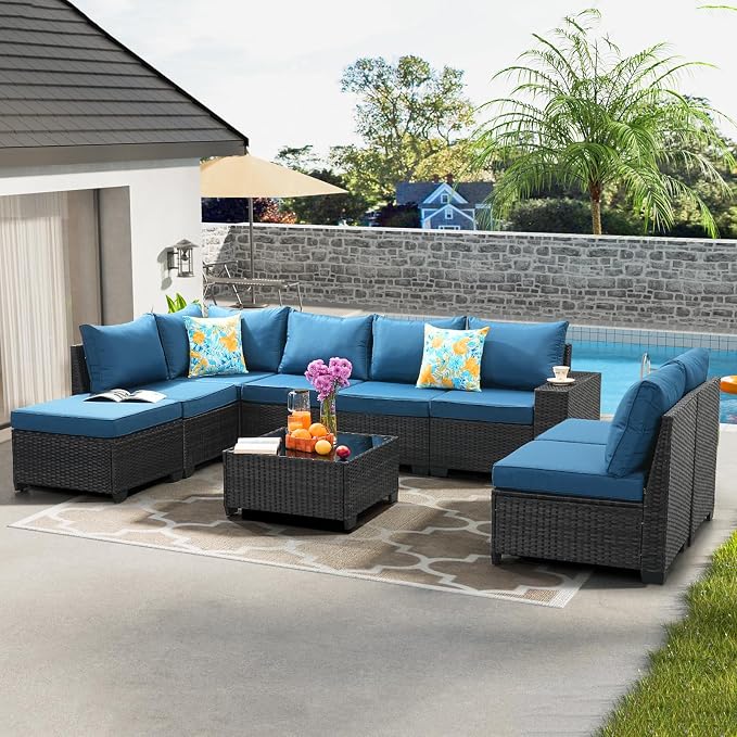 9 Pieces Patio Furniture Set All-Weather Outdoor Wicker Sectional Conversation - Image 7