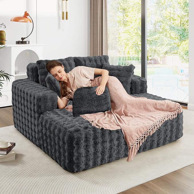 56" W Oversized Chaise Lounge Chair Indoor, Plush Faux Fur Sleeper Couch Sofa - Image 6