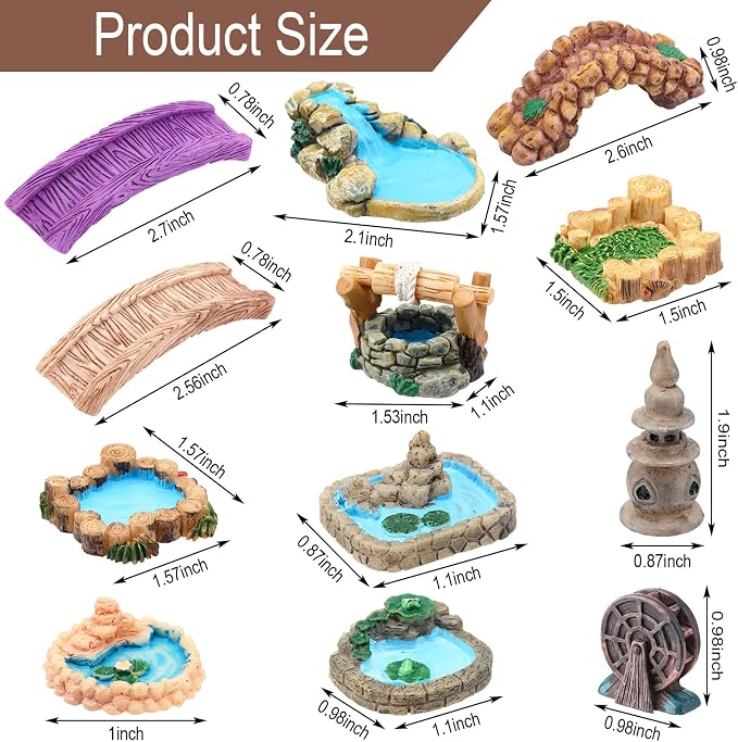 Meooeck 24 Pcs Miniature Garden Accessories Mini Fairy Bridge Figurines Pond - Image 2