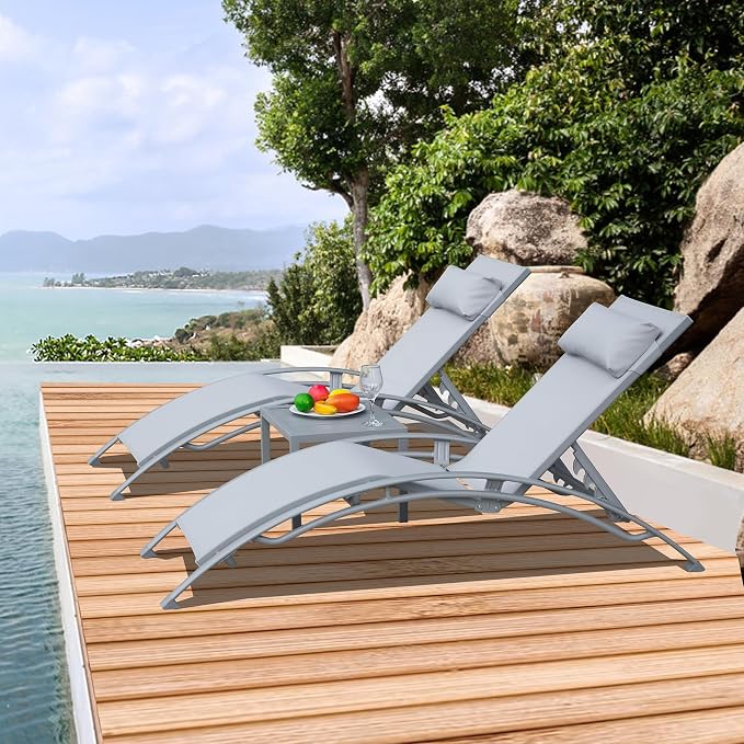 Domi Pool Lounge Chairs Set of 3, Adjustable Aluminum Outdoor Chaise Lounge by domioutdoorliving