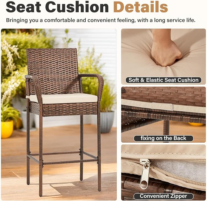 ECOTOUGE Set of 4 Patio Rattan Barstools, All-Weather Wicker Bar Height Chairs - Image 6