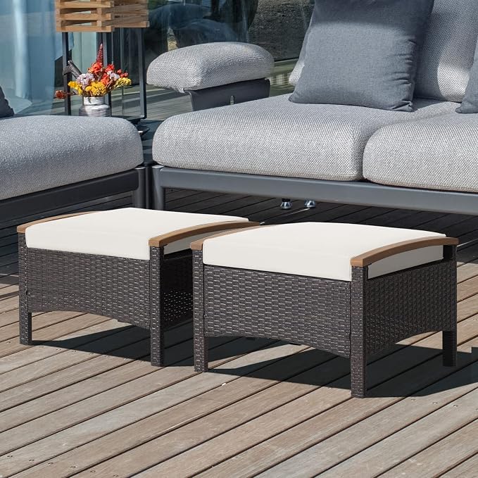 ORALNER Outdoor Ottoman, All-Weather Wicker Foot Stools w/Removable Cushions - Image 7