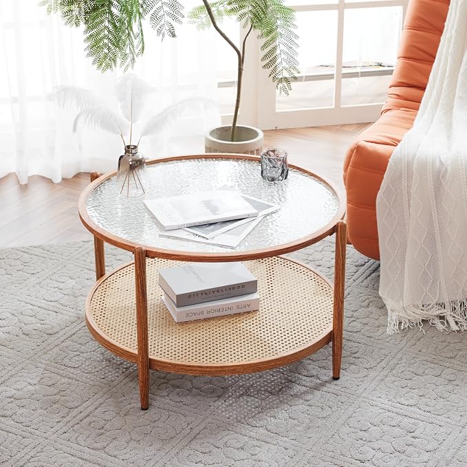 VINGLI 30" Rattan Coffee Table, Round Water-Wave Glass Metal Center Table - Image 9