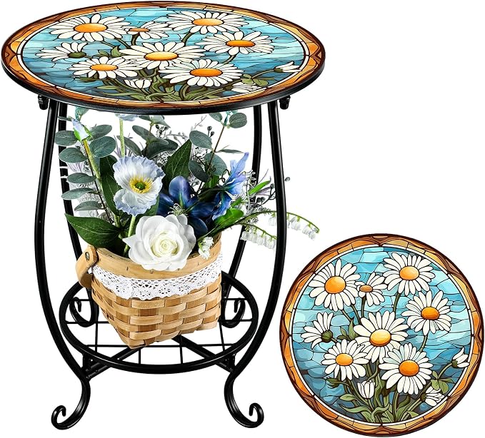 Outdoor Side Table Round Small Mosaic Patio Accent Indoor End Plant Coffee Tea by Cinnvoice