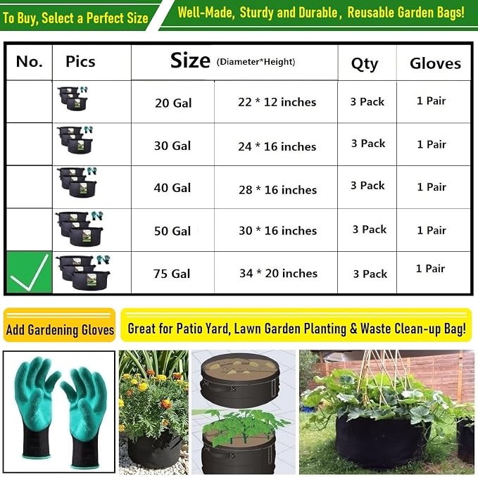 3-Pack 75 Gallon Thickened Plant Grow Bags Large Heavy Duty Garden Bag Fabric - Image 8