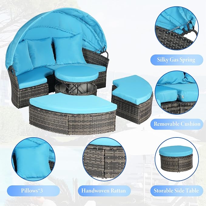 Merax 5 Pieces Outdoor Patio Round Daybed Furniture, All-Weather Wicker - Image 5