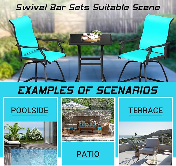 LEVELEVE Patio Bar Set 2pcs Swivel Bar Stools Outdoor Bistro Textilene - Image 6
