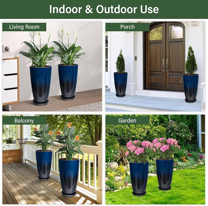 Set of 2 Lightweight Ceramic-Look Tall Planter, 21 inch Large Plastic Planter - Image 6