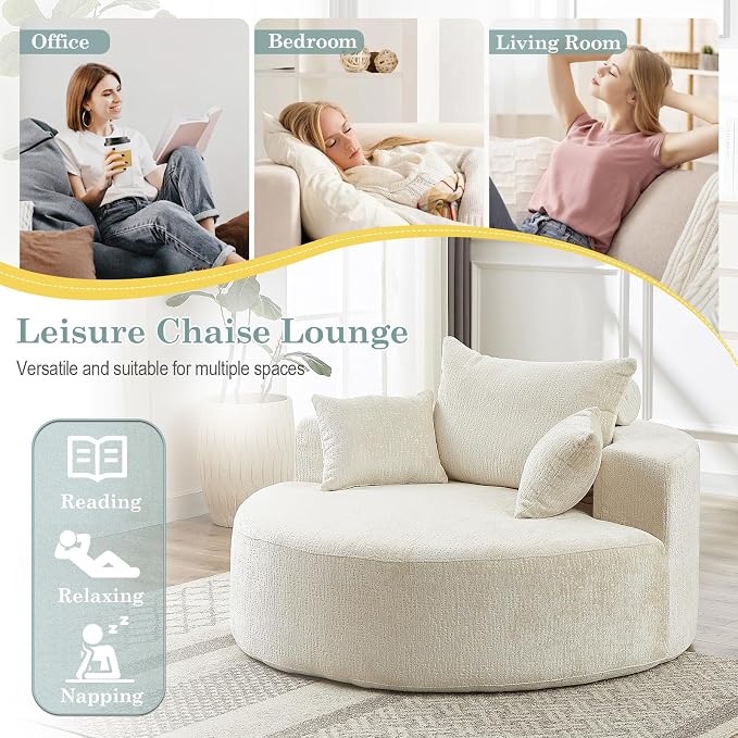 Oversized Round Chaise Longue Chair Indoor, Modern 55-inch Upholstered Chenille - Image 8