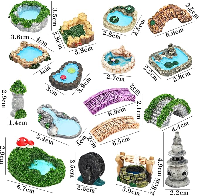 ONEST 17 Pieces Garden Miniature Accessories Mini Bridge Lighthouse Well Pond - Image 2
