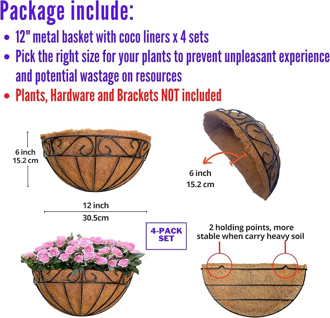 LaLaGreen Wall Hanging Planters, 4 Pack, 12 Inch Balcony Flower Baskets - Image 2