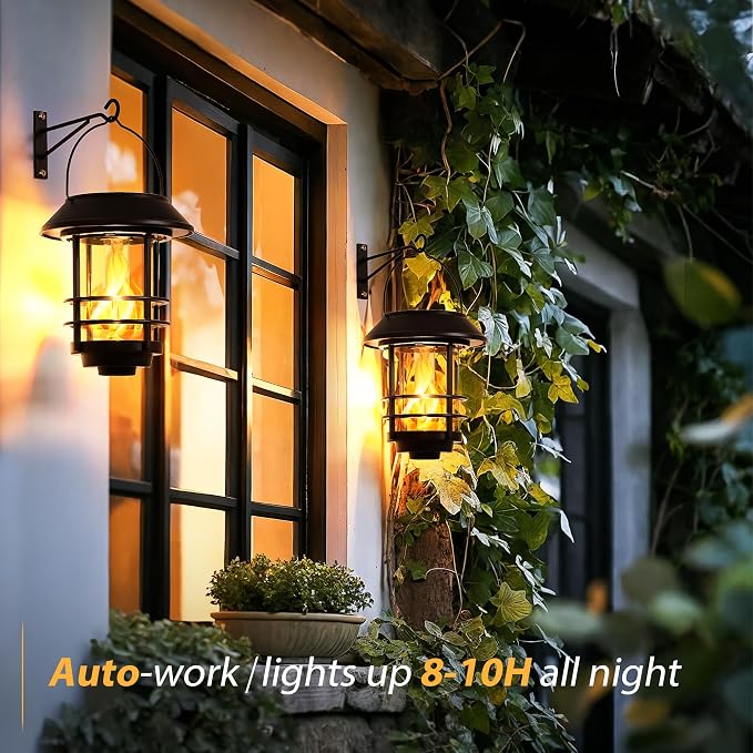 Otdair Solar Lanterns Outdoor Waterproof, 2 Pack Flickering Flames Wall Garden - Image 3