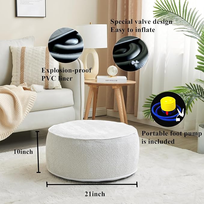Inflatable Pouf Ottoman, 21x10 Inches Stuffed Chenille Ottoman - Image 2