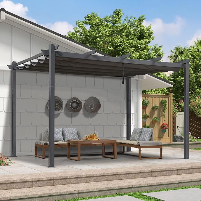 PURPLE LEAF 9.5' X 13' Outdoor Retractable Pergola Against The Wall by PURPLELEAF