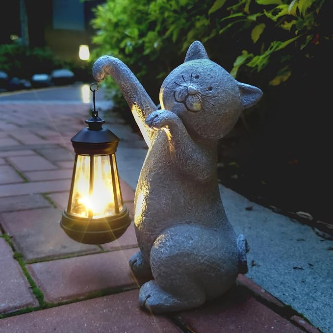 Cat Solar Garden Statues, Resin Cat Figurine Decorations by Qobumy