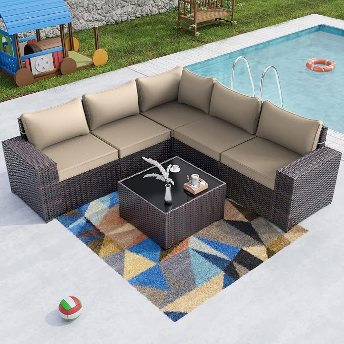 Kullavik Outdoor Patio Furniture Set 6 Pieces Sectional Rattan Sofa Set Brown by KULLAVIK