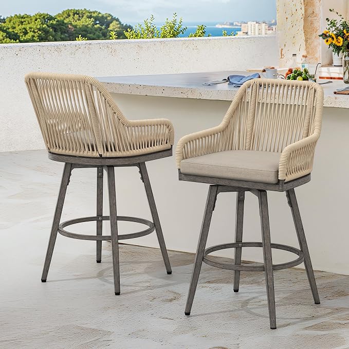 Outdoor Bar Stools Set of 2, 360° Swivel Aluminum Rattan Bar Stool by COZYMAN