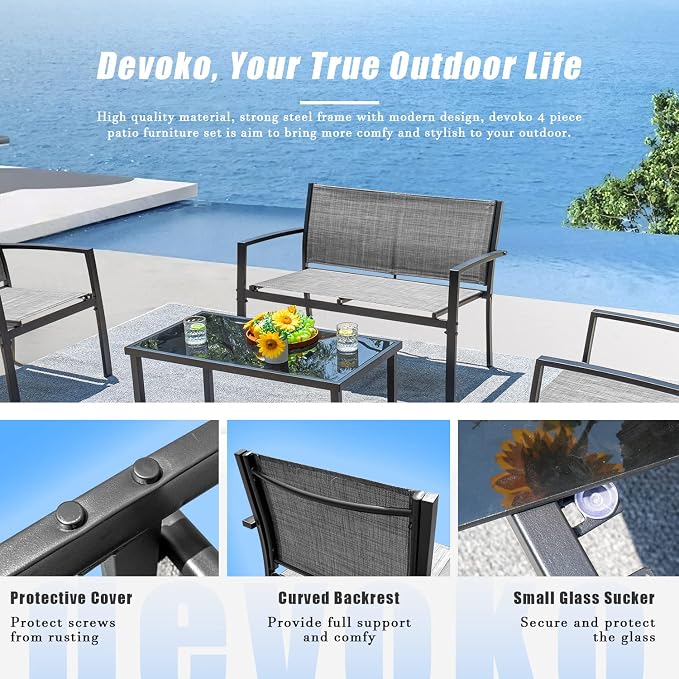 Devoko 4 Pieces Patio Furniture Set Outdoor Garden Patio Conversation Sets - Image 5