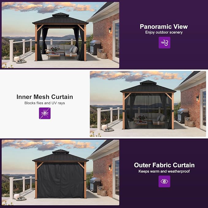 PURPLE LEAF 10' X 10' Hardtop Gazebo Outdoor Wood Grain Aluminum Frame - Image 9
