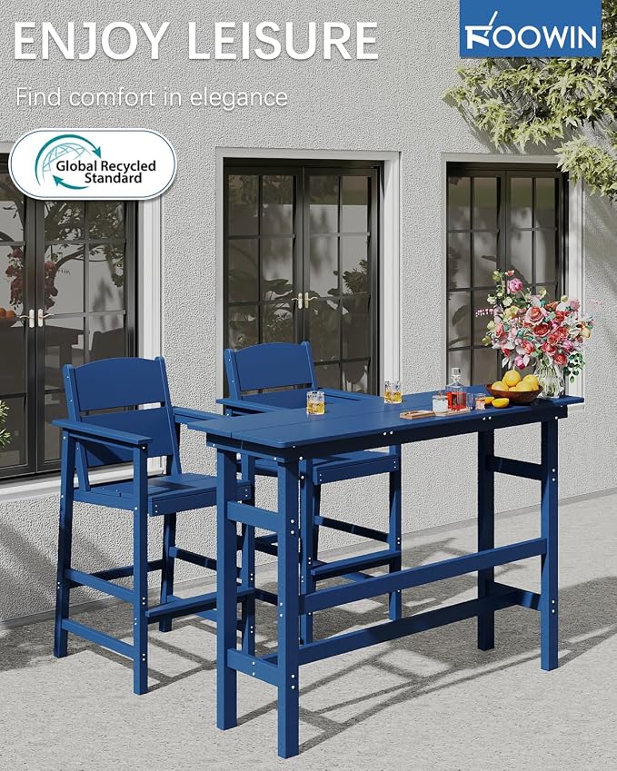 FOOWIN 3 Piece Outdoor Bar Height Table and Chairs, All Weather HDPE Patio Bar - Image 3