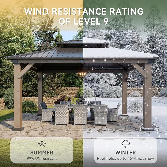 Aoxun 12' x 14' Outdoor Wood Gazebo, Hardtop Gazebo Permanent Wooden Pavilion - Image 5