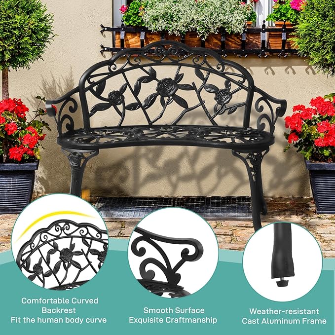 VINGLI 38.5" Patio Park Garden Outdoor Metal Rose Bench, 2-Person Cast Iron - Image 5